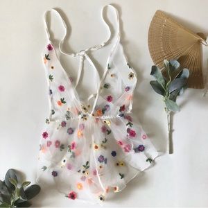 3/$12 Floral Embroidered Mesh Crisscross Back Teddy Bodysuit